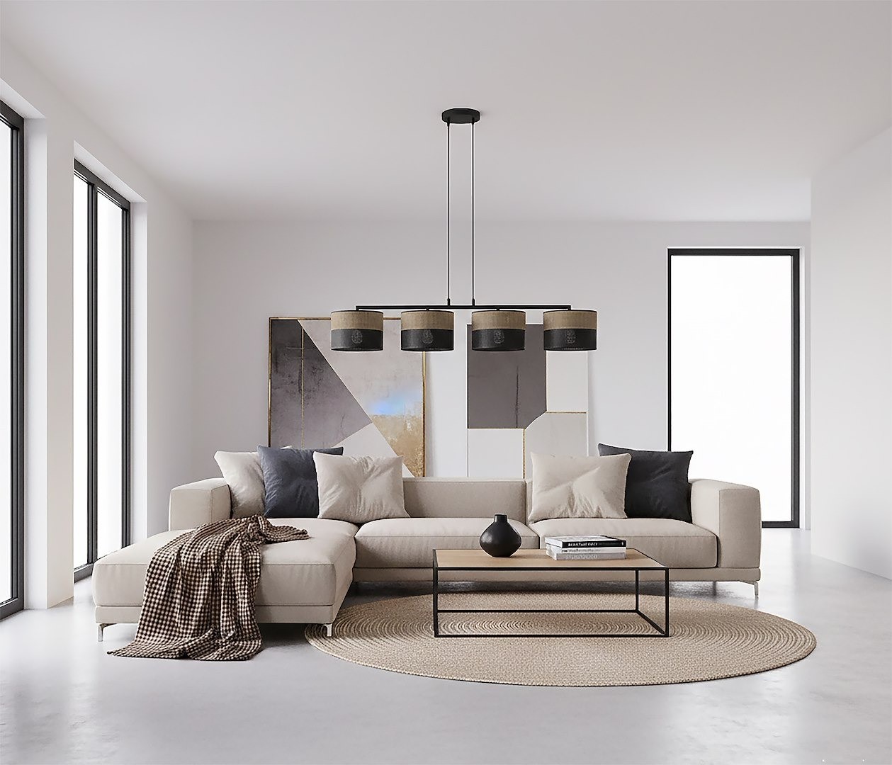 Lampa wisząca Karbon 4xE27 w kolorze czarnym i brązowym. Posiada cztery okrągłe klosze zawieszone na cienkich linkach, umieszczona nad jasnym, nowoczesnym salonem z kanapą i stołem. Tło w minimalistycznym stylu z dużymi oknami.