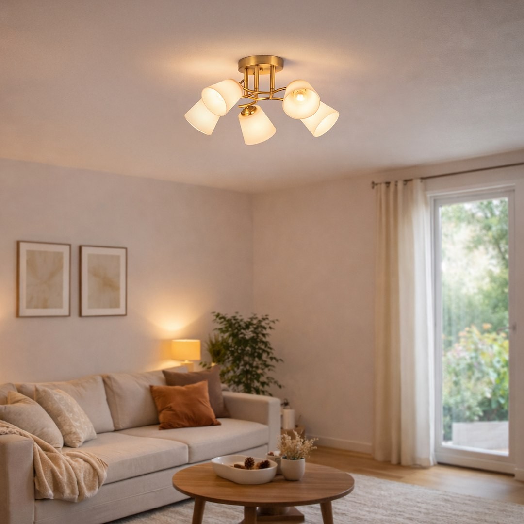 Złota lampa sufitowa Pafos z pięcioma kloszami E27, zamontowana na suficie. Klosze w kształcie stożków, białe, umieszczone w różnych kierunkach. Produkt w nowoczesnym wnętrzu, z sofą i stolikiem w tle.