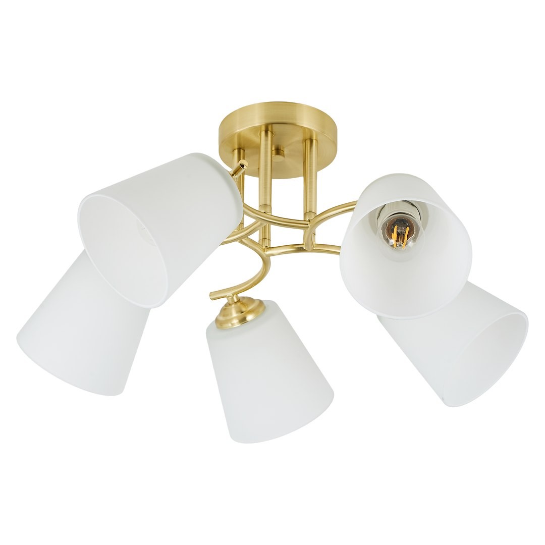 Złota lampa sufitowa Pafos z pięcioma kloszami w kolorze białym. Klosze mają kształt stożkowaty, zamontowane na metalowej konstrukcji w kształcie spirali. Lampa przymocowana do sufitu, stworzy eleganckie oświetlenie w każdym wnętrzu.