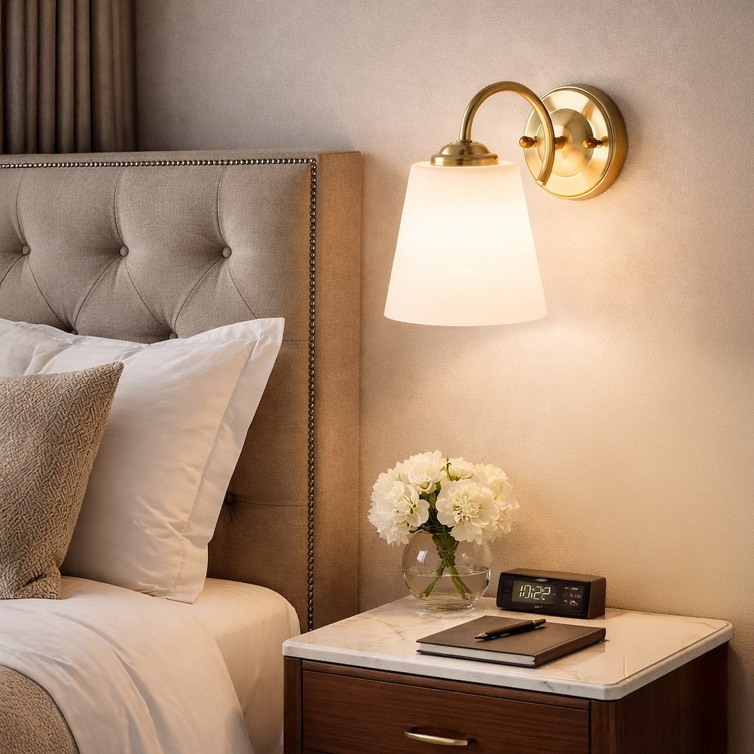 Kinkiet Pafos 1xE27 w kolorze złotym, z kloszem w kształcie stożka z mlecznego szkła. Montowany na ścianie obok łóżka, z eleganckim wykończeniem, idealny do sypialni. Oświetlenie w subtelnym otoczeniu z poduszkami i stolikiem nocnym.