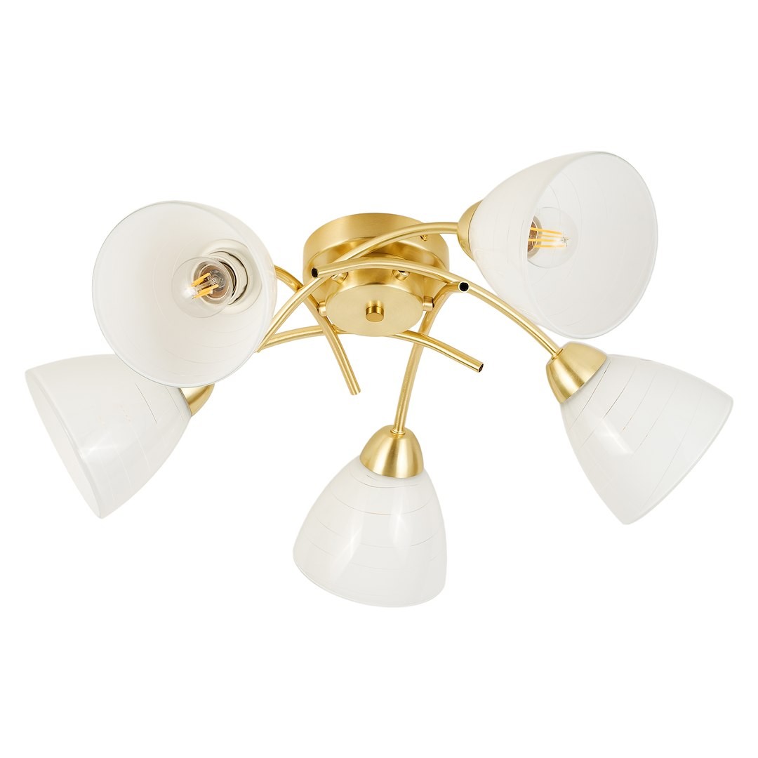 Złota lampa sufitowa Clara z pięcioma oprawami E27. Klosze w kształcie stożków, wykonane z białego szkła z delikatnymi liniami. Lampa montowana na okrągłej podstawie, z lekko wygiętymi ramionami, oferująca nowoczesny wygląd.