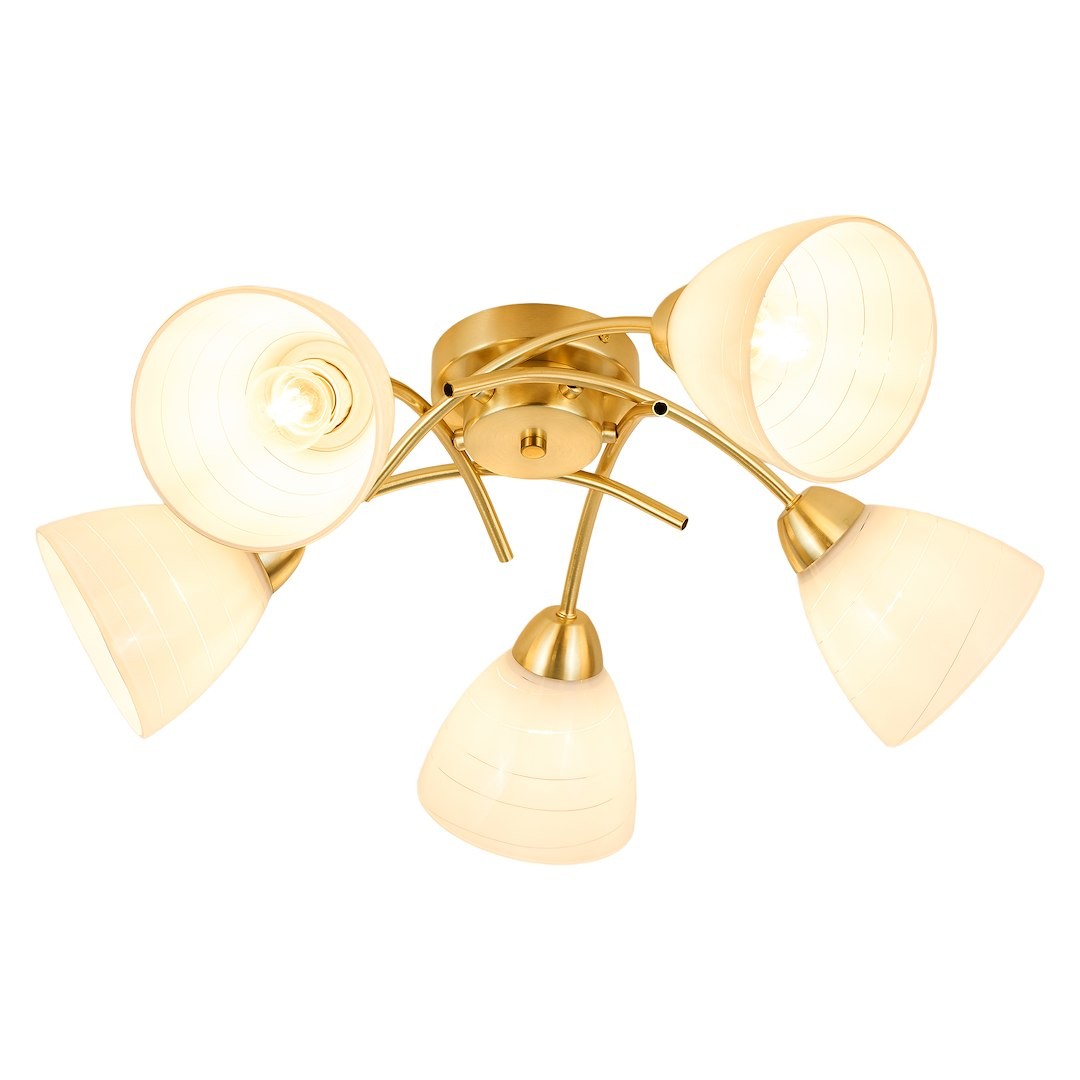 Złota lampa sufitowa Clara z pięcioma kloszami E27, o zaokrąglonym kształcie, wykonana z metalu i szkła. Klosze w białym kolorze z delikatnym wzorem, zamontowane na eleganckiej podstawie. Idealna do nowoczesnych wnętrz.