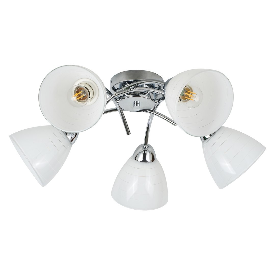 Lampa sufitowa Clara z pięcioma kloszami E27 w kolorze białym i chromowanym. Klosze mają lekko zaokrąglony kształt i teksturę, zamontowane na metalowej podstawie o błyszczącym wykończeniu, co nadaje nowoczesny wygląd.