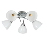 Lampa sufitowa Clara z pięcioma kloszami E27 w kolorze białym i chromowanym. Klosze mają lekko zaokrąglony kształt i teksturę, zamontowane na metalowej podstawie o błyszczącym wykończeniu, co nadaje nowoczesny wygląd.