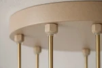 Lampa wisząca Tesoro w kolorze beżowym z transparentnymi kloszami, przeznaczona na 6 żarówek G9. Wymiary: średnica 30 cm, wysokość 150 cm, odległość między kulami 12 cm. Prosty, nowoczesny design, idealna do różnych wnętrz.