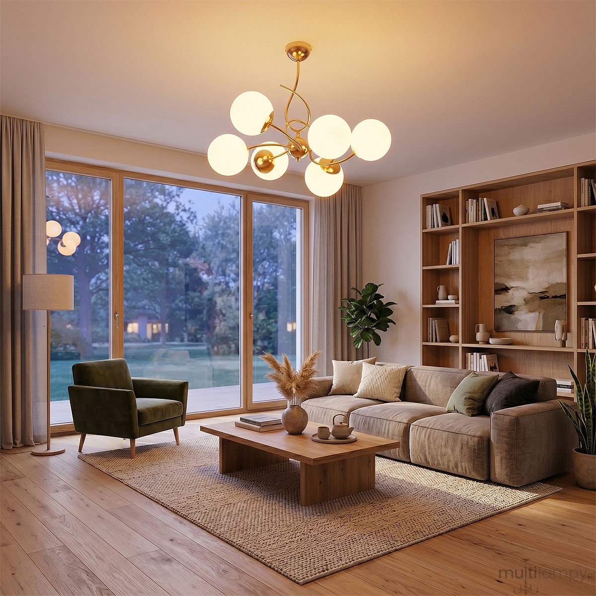 Lampa wisząca Tornado w kolorze złotym z sześcioma kulistymi kloszami z matowego szkła. Produkt zawieszony, z eleganckim, zakrzywionym ramieniem, idealny do nowoczesnych wnętrz. Wymiary i detale montażowe niewidoczne.