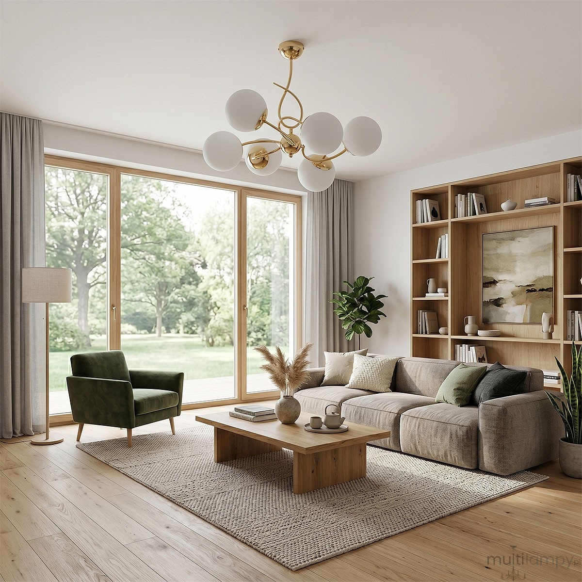 Lampa wisząca Tornado w kolorze złotym z sześcioma kulistymi kloszami z matowego szkła. Produkt zawieszony, z eleganckim, zakrzywionym ramieniem, idealny do nowoczesnych wnętrz. Wymiary i detale montażowe niewidoczne.