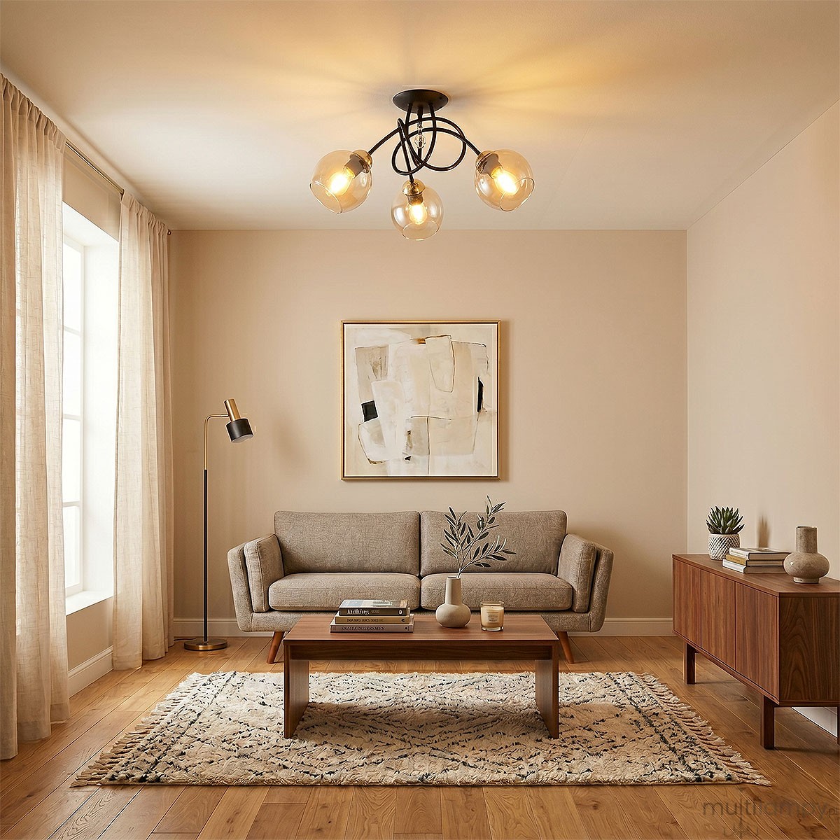 Modena Black lampa sufitowa 3-punktowa w kolorze czarnym i złotym, z trzema przezroczystymi kloszami w kształcie kul. Lampa ma czarne przewody i złoty uchwyt sufitowy, z dekoracyjnym kryształkiem na środku.