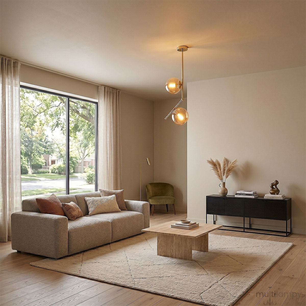 Lampa wisząca Liberty 2-punktowa w kolorze złotym, z dwiema kulistymi kloszami z przezroczystego szkła. Ułożona w pionie, z metalowym, błyszczącym wykończeniem oraz nachyloną rurką, zawieszona na okrągłym stelażu. Tło jasne, neutralne.