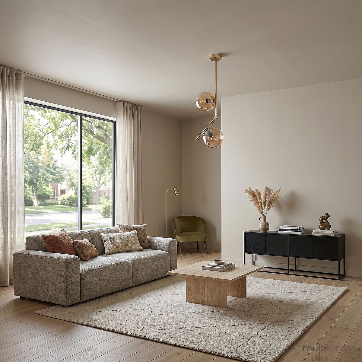 Lampa wisząca Liberty 2-punktowa w kolorze złotym, z dwiema kulistymi kloszami z przezroczystego szkła. Ułożona w pionie, z metalowym, błyszczącym wykończeniem oraz nachyloną rurką, zawieszona na okrągłym stelażu. Tło jasne, neutralne.