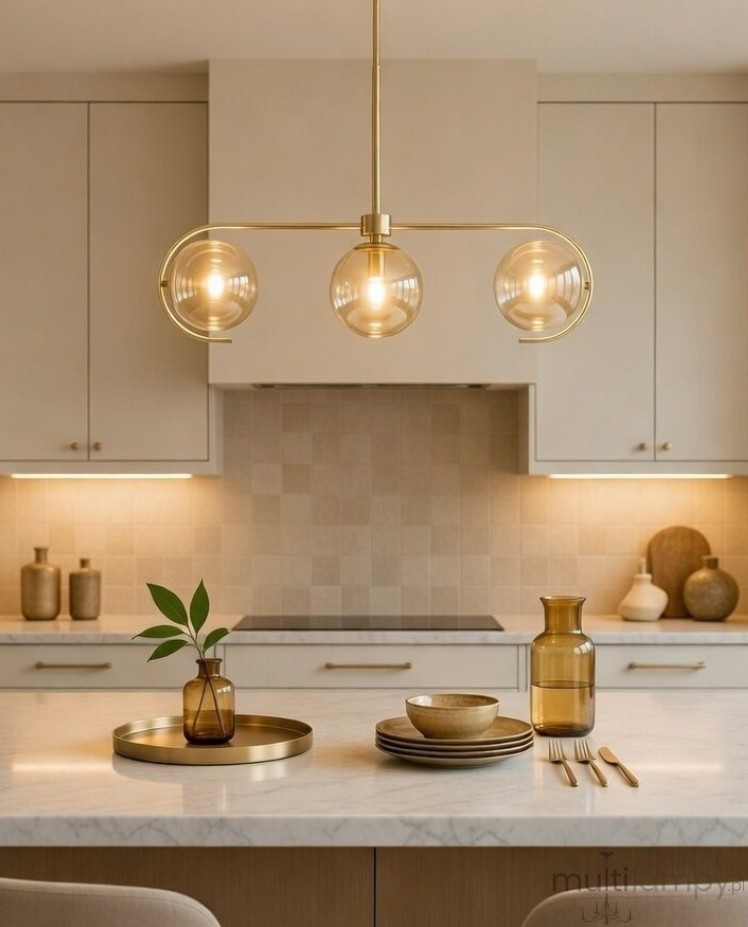Złota lampa sufitowa 3-punktowa Astana z przezroczystymi kloszami w kształcie kul. Zamontowana na długim, prostym wsporniku, z dekoracyjnym, zakrzywionym uchwytem. Widoczne miejsce na żarówki w każdej kuli. Na jasnym tle.