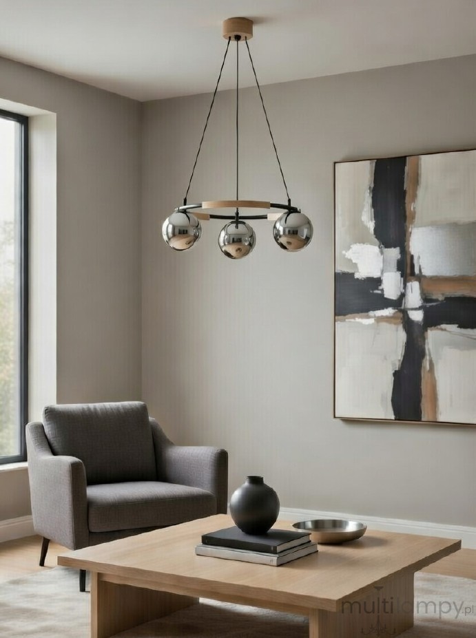 Aksja lampa wisząca 3xE14 czarna jasne drewno 62491