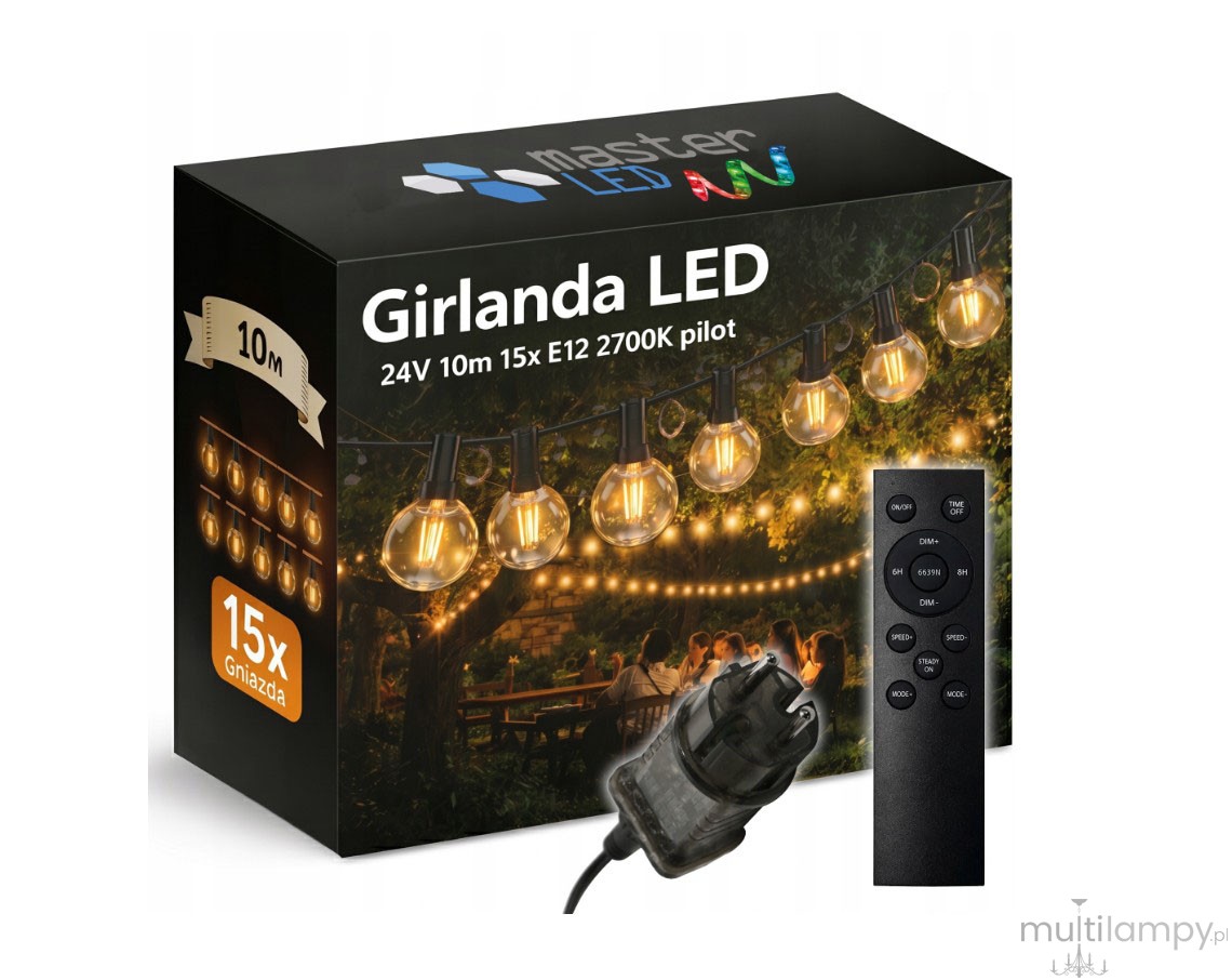 Girlanda ogrodowa 230V/24V z pilotem 10 m x 15 żarówek LED E12 1W