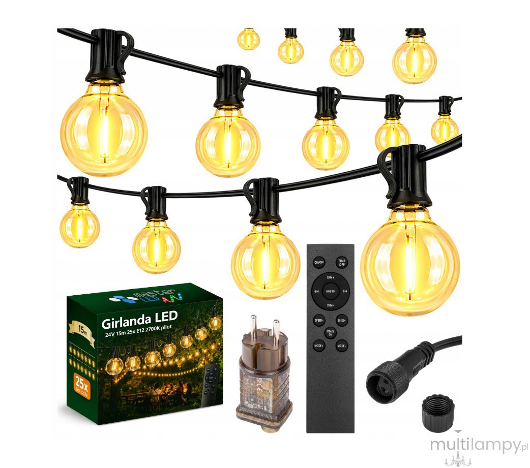 Girlanda ogrodowa 230V/24V z pilotem 15 m x 25 żarówek LED E12 1W