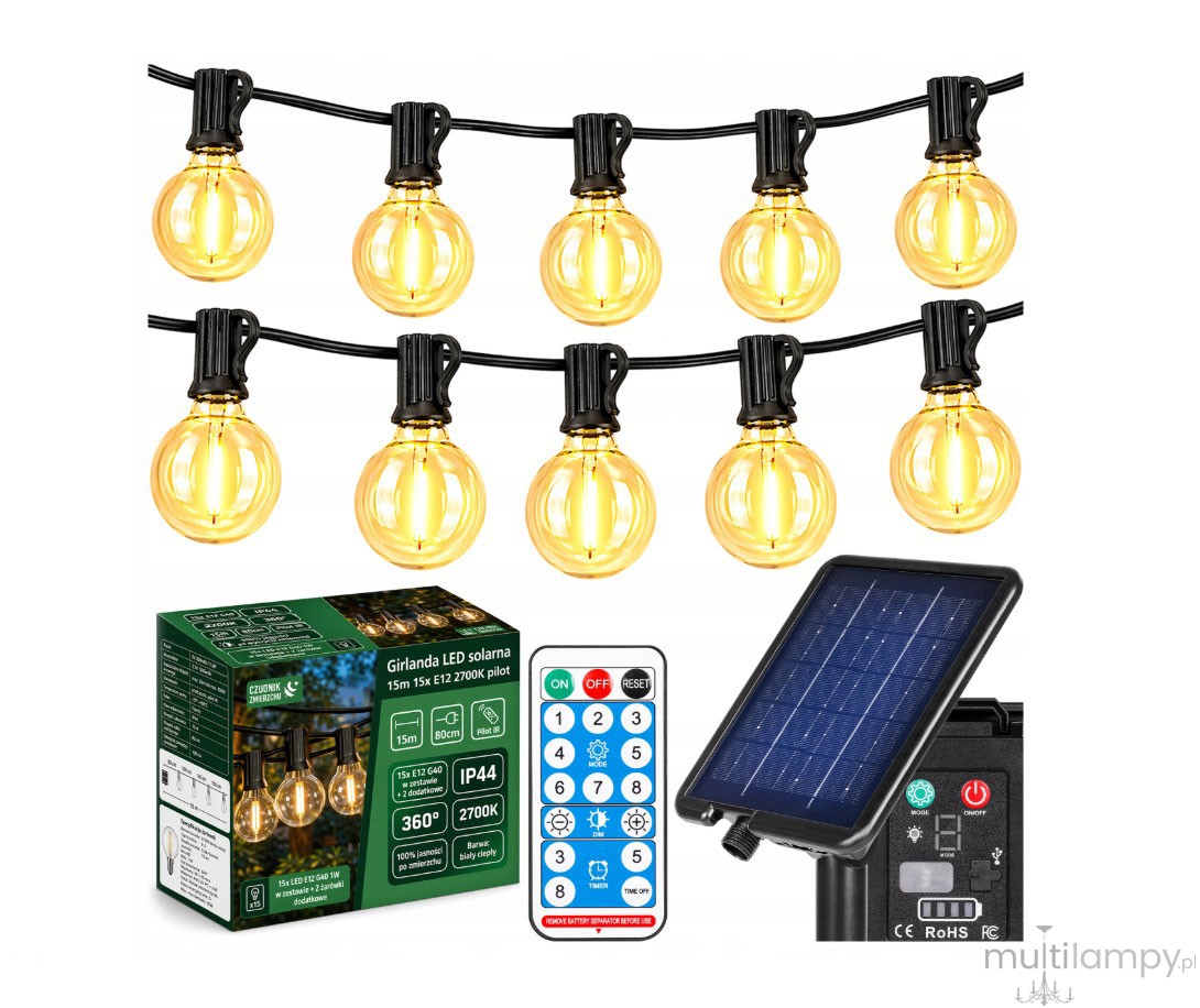Girlanda ogrodowa solarna z pilotem 15 m x 15 żarówek LED E12 1W