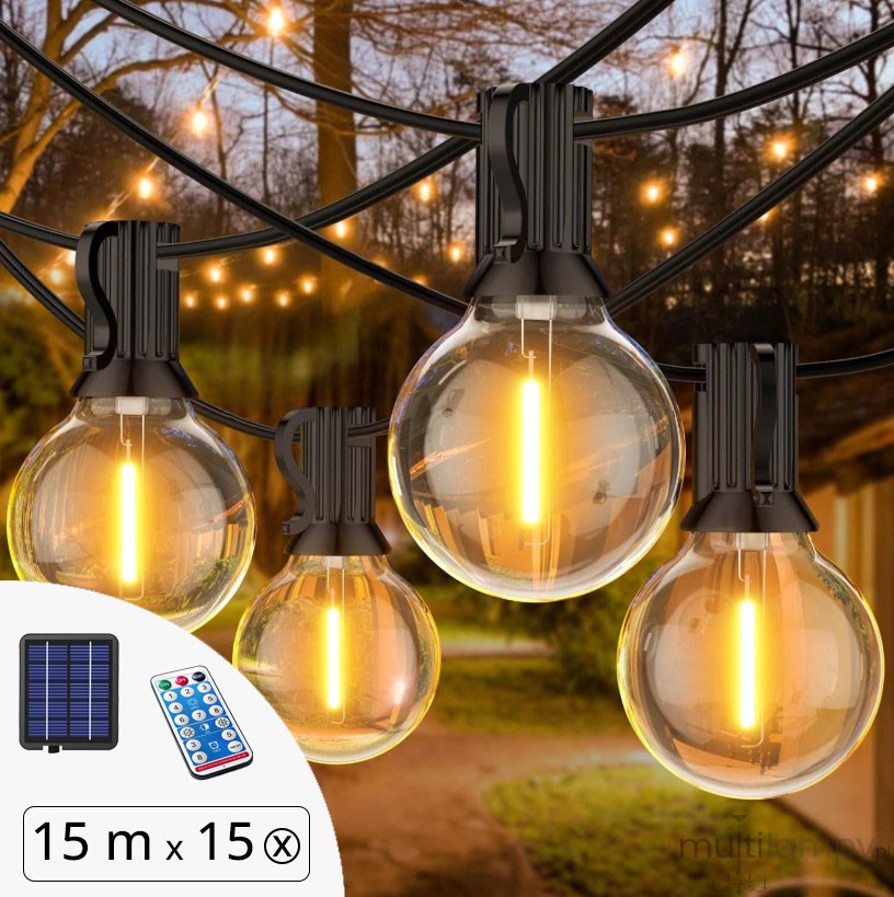 Girlanda ogrodowa solarna z pilotem 15 m x 15 żarówek LED E12 1W