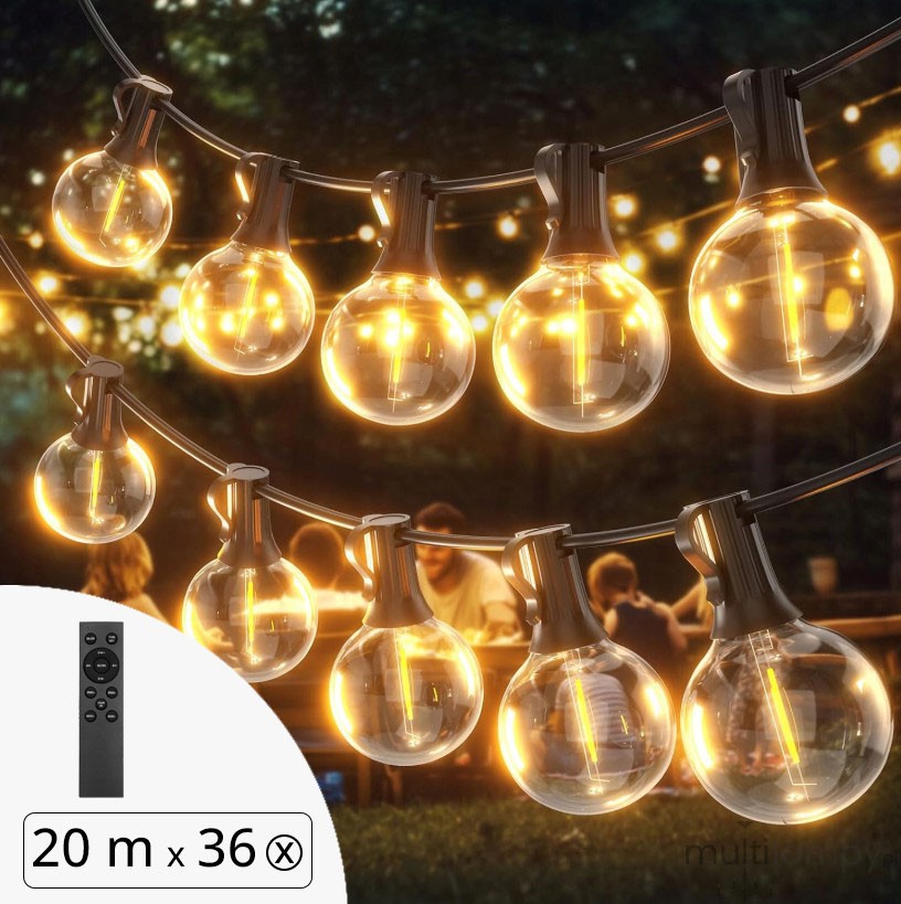Girlanda ogrodowa 230V/24V z pilotem 20 m x 36 żarówek LED E12 1W