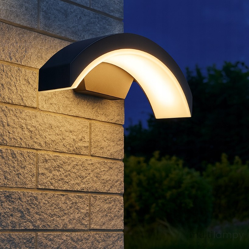 Kinkiet elewacyjny LED Bella w kolorze czarnym, z zaokrąglonym kształtem. Wymiary: 270 mm długości, 110 mm szerokości, 67 mm wysokości. Materiał metalowy z białą osłoną, montowany na ścianie. Idealny do oświetlenia zewnętrznego.