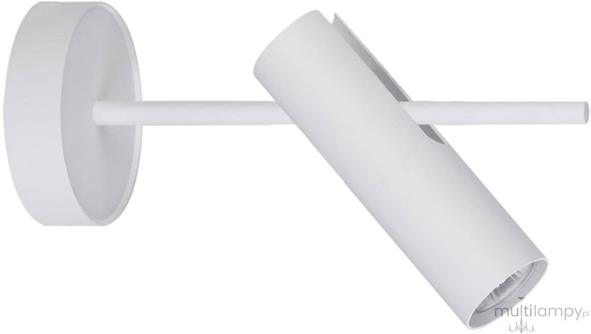 Kinkiet Leda 1-punktowy w kolorze białym, z okrągłą podsufitką i prostokątną rurką, skierowaną na bok. Lampa ma minimalistyczny design z cylindrycznym kloszem, który można regulować. Produkt zamontowany na suficie, na jednolitym tle.