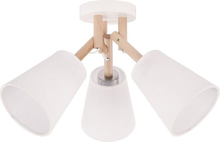 Lampa sufitowa Vaio 3-punktowa w kolorze białym. Wyposażona w trzy klosze z tkaniny oraz drewniane mocowanie. Ujęcie frontalne, pokazujące całość lampy z widocznymi elementami montażowymi i kształtem kloszy.