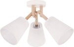 Lampa sufitowa Vaio 3-punktowa w kolorze białym. Wyposażona w trzy klosze z tkaniny oraz drewniane mocowanie. Ujęcie frontalne, pokazujące całość lampy z widocznymi elementami montażowymi i kształtem kloszy.