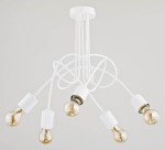 Lampa wisząca Tango 5-punktowa w białym kolorze z pięcioma żarówkami w przezroczystych oprawach. Kabelki rozmieszczone w artystyczny sposób. Ujęcie z góry, pokazujące detale konstrukcji i kształt lampy. Tło jednolite, jasne.