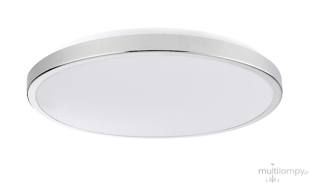 Plafon LED Kern D39 o średnicy 24W i barwie światła 4000K, w chromowanej oprawie. Okrągły kształt, gładka, biała powierzchnia klosza. Ujęcie z boku, produkt zamontowany na suficie.