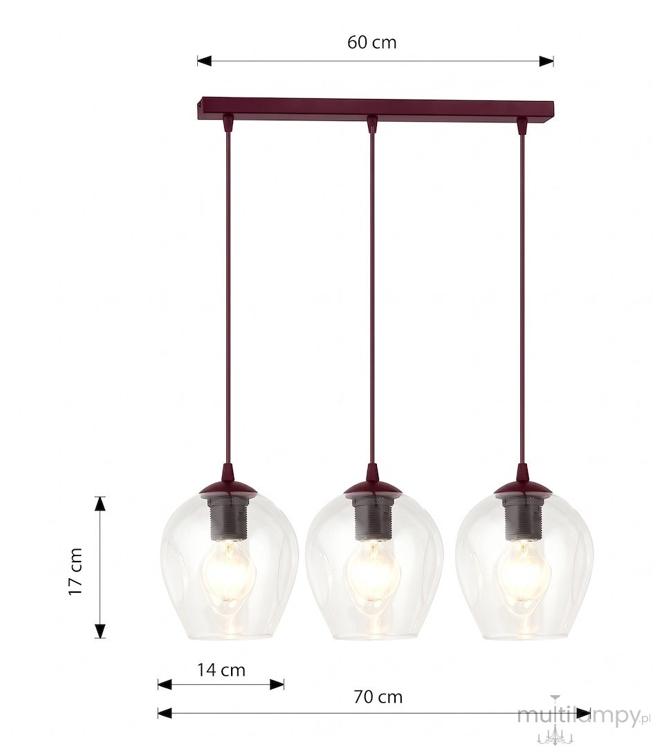 Istar lampa wisząca 3xE27 burgund/transparentny 1784/3