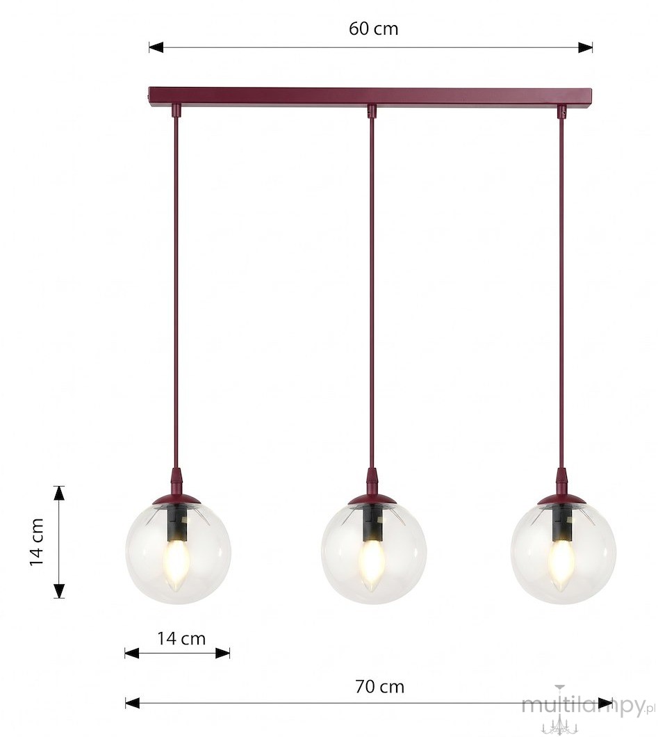 Cosmo lampa wisząca 3xE14 burgund/transparentny 1788/3