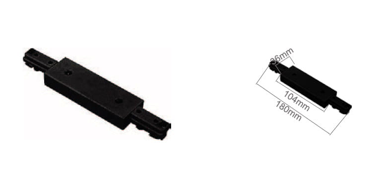 Złącze liniowe zasilające Track Orlicki w kolorze czarnym, prostokątne, z widocznymi prowadnicami. Wymiary: 180 mm długości, 36 mm szerokości, 104 mm wysokości. Ujęcie frontalne, ukazuje szczegóły konstrukcji i mocowania.