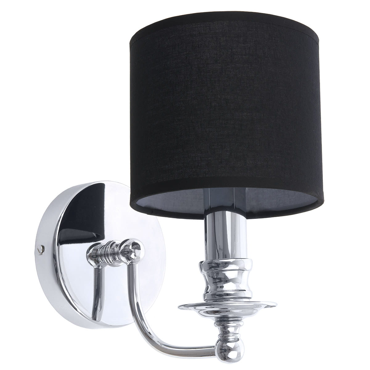 Kinkiet Abu Dhabi 1-punktowy w kolorze chromu i czerni. Posiada okrągłą, chromowaną podstawę oraz czarny abażur z tkaniny. Ujęcie z boku, ukazujące detal mocowania i elegancką formę lampy. Idealny do nowoczesnych wnętrz.