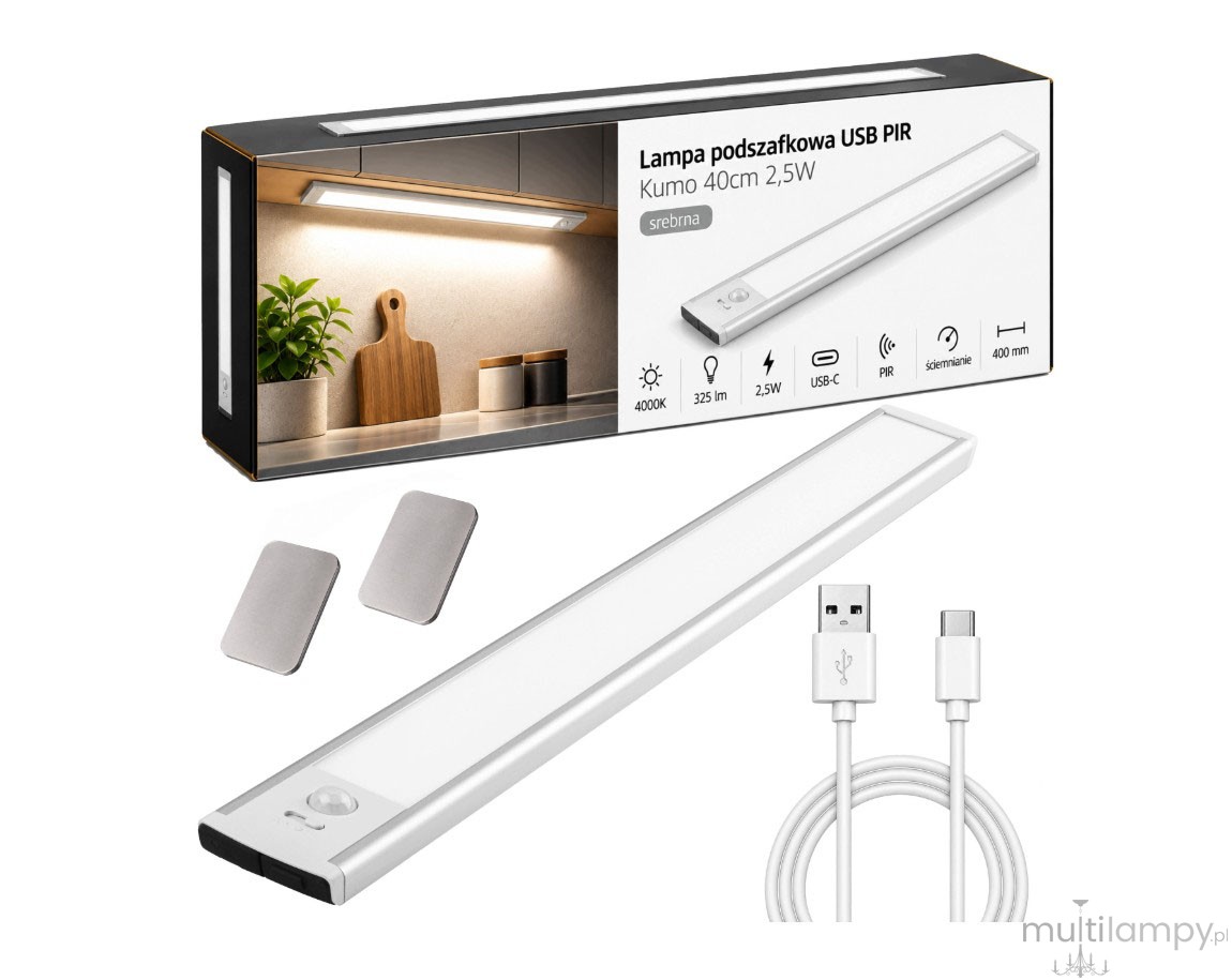 Kumo listwa podszafkowa LED 40cm USB z czujnikiem ruchu srebrna