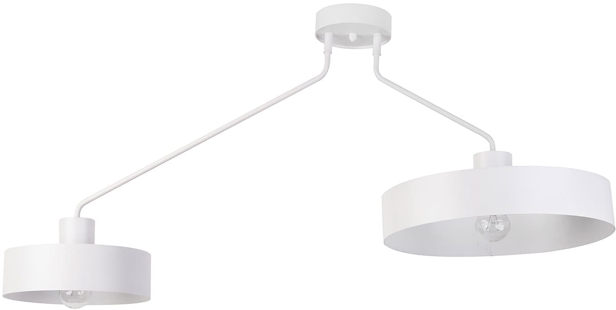 Biała lampa sufitowa 2-punktowa Jumbo z dwoma okrągłymi kloszami, zawieszona na cienkich, białych linkach. Klosze mają matowe wykończenie i są umieszczone na różnych wysokościach, mocowane do okrągłej podstawy sufitowej.