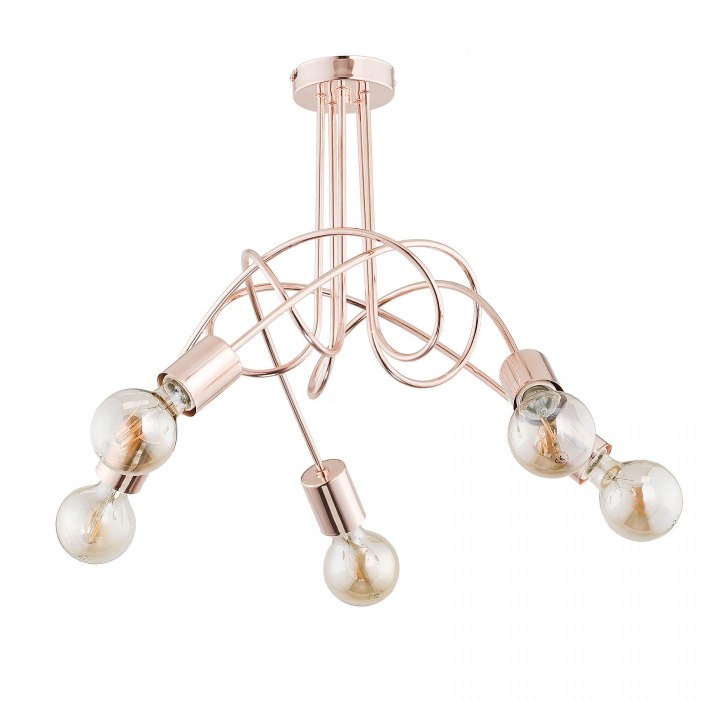 Lampa wisząca Tango 5-punktowa w kolorze miedzi. Posiada orginalne, kręcone ramiona z metalowymi uchwytami na żarówki. Widoczne przezroczyste żarówki w kształcie kul. Montowana sufitowo, w nowoczesnym stylu.