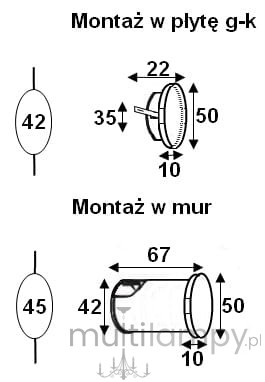 Lesel LED oprawa schodowa 004, okrągła, o wymiarach 50 mm średnicy i 10 mm głębokości. Przeznaczona do montażu w płycie g-k lub w murze. Zawiera detale montażowe, w tym wymiary otworów. Umożliwia subtelne oświetlenie schodów.