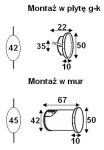 Lesel LED oprawa schodowa 004, okrągła, o wymiarach 50 mm średnicy i 10 mm głębokości. Przeznaczona do montażu w płycie g-k lub w murze. Zawiera detale montażowe, w tym wymiary otworów. Umożliwia subtelne oświetlenie schodów.
