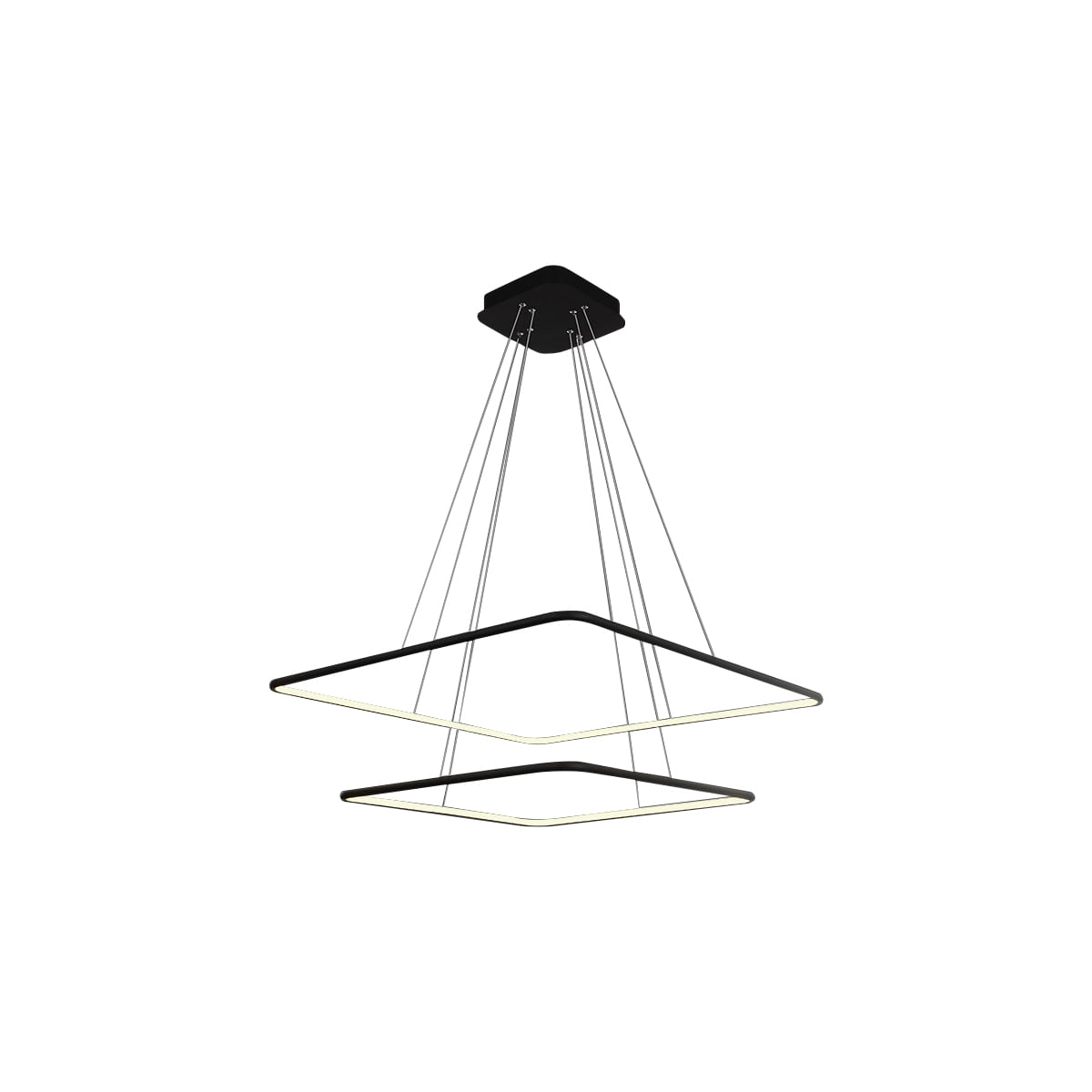 Czarna lampa wisząca Nix LED z dwoma punktami świetlnymi. Kształt prostokątny, zawieszona na cienkich linkach. Górna część montażowa w formie kwadratu, z białym podświetleniem na krawędziach. Prosty, nowoczesny design, idealna do wnętrz.