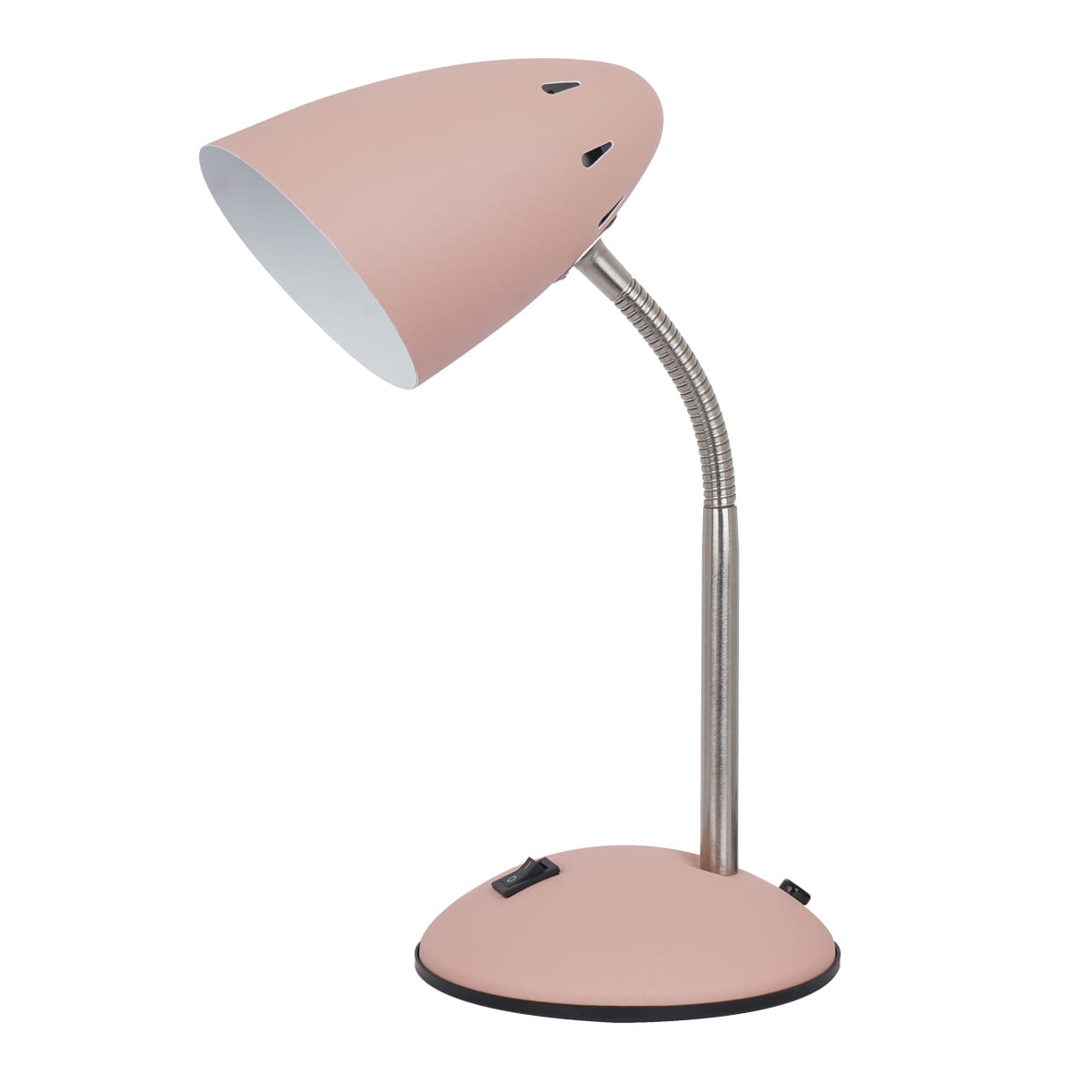 Różowa lampka biurkowa Cosmic MT-HN2013-PINK z metalowym elastycznym ramieniem, okrągłą podstawą i włącznikiem. Klosz ma kształt stożka z białym wnętrzem, co zapewnia dobre oświetlenie. Ujęcie z boku, produkt stojący na płaskiej powierzchni.