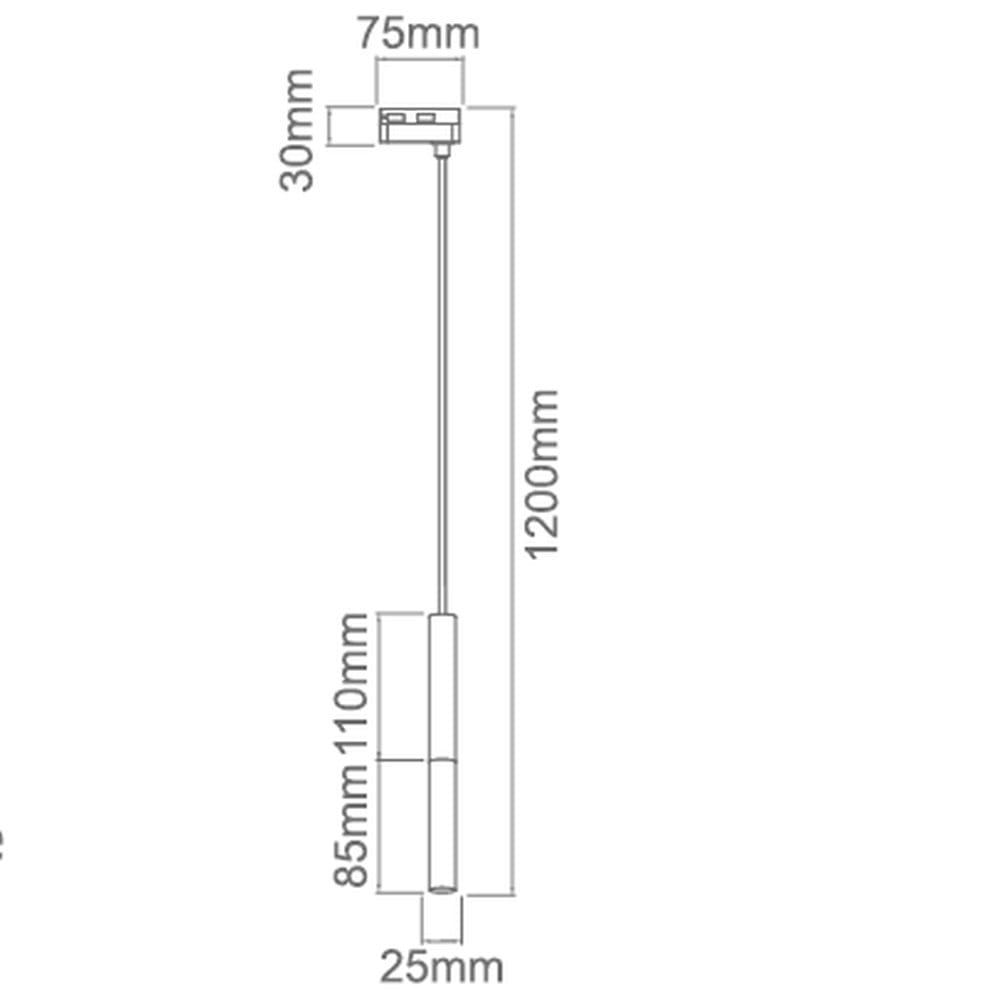 Lampa wisząca Track Slimi S w kolorze czarnym z różowym złotem, o prostym, cylindrycznym kształcie. Wymiary: 1200 mm długości, 25 mm średnicy. Uchwyt montażowy o wymiarach 75 mm x 30 mm. Idealna do nowoczesnych wnętrz.