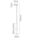 Lampa wisząca Track Slimi S w kolorze czarnym z różowym złotem, o prostym, cylindrycznym kształcie. Wymiary: 1200 mm długości, 25 mm średnicy. Uchwyt montażowy o wymiarach 75 mm x 30 mm. Idealna do nowoczesnych wnętrz.