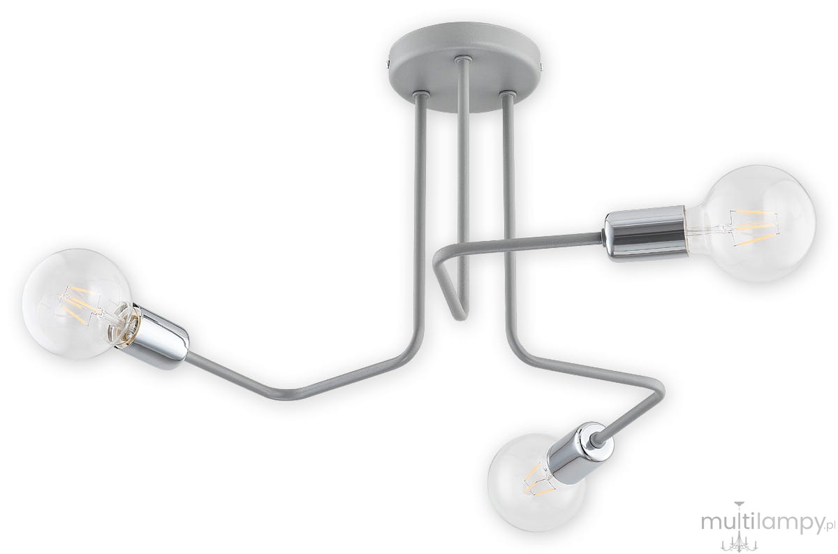 Trzypunktowa lampa wisząca Pixi w kolorze szarym. Posiada trzy szklane klosze z żarówkami oraz metalowe mocowanie. Ułożona w kształcie falistym, montowana na suficie. Idealna do nowoczesnych wnętrz.
