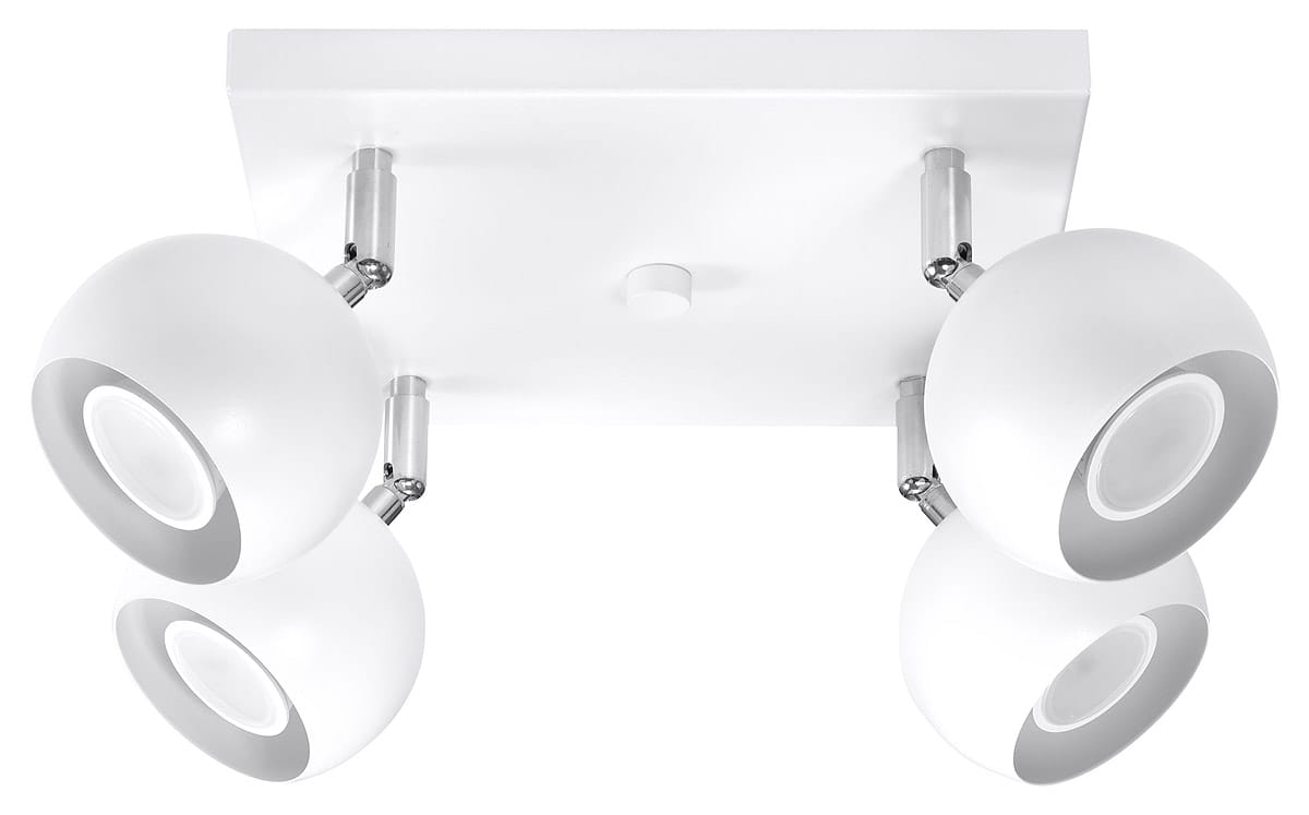 Lampa sufitowa Oculare, 4-punktowa, biała. Kwadratowa baza z metalowymi elementami. Cztery okrągłe reflektory w matowej bieli z chromowanymi detalami, ustawione w różnych kierunkach, umożliwiające regulację kąta padania światła.
