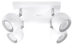 Lampa sufitowa Oculare, 4-punktowa, biała. Kwadratowa baza z metalowymi elementami. Cztery okrągłe reflektory w matowej bieli z chromowanymi detalami, ustawione w różnych kierunkach, umożliwiające regulację kąta padania światła.