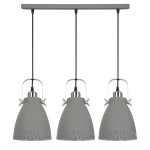 Lampa wisząca Franklin 3-punktowa w kolorze szarym z metalowymi detalami. Posiada trzy klosze o kształcie stożka z otworami, zawieszone na czarnych linkach, przymocowane do płaskiej, szarej podstawy. Idealna do nowoczesnych wnętrz.