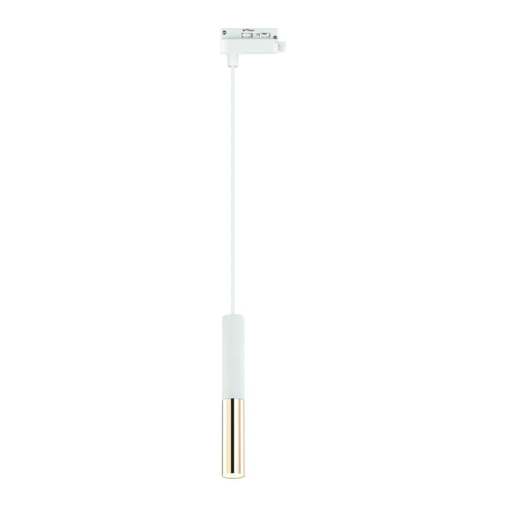 Lampa wisząca Track Slimi S w kolorze białym i złotym, z prostym cylindrycznym kształtem. Zawieszona na cienkim przewodzie, z górną częścią montażową w kolorze białym, a dolną złotą. Idealna do systemu szynowego. Tło białe.