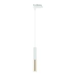 Lampa wisząca Track Slimi S w kolorze białym i złotym, z prostym cylindrycznym kształtem. Zawieszona na cienkim przewodzie, z górną częścią montażową w kolorze białym, a dolną złotą. Idealna do systemu szynowego. Tło białe.