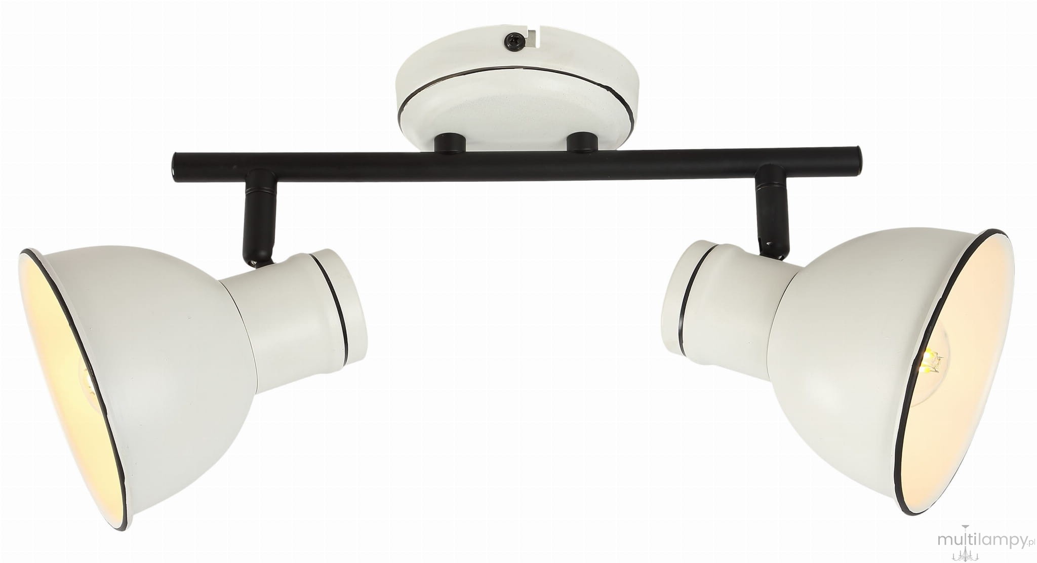 Lampa sufitowa Zumba 2-punktowa w kolorze białym z czarnymi detalami, z dwoma regulowanymi reflektorami o okrągłym kształcie. Ujęcie z dołu, montowana na płaskim suficie, ukazuje zarówno klosze, jak i mocowanie.