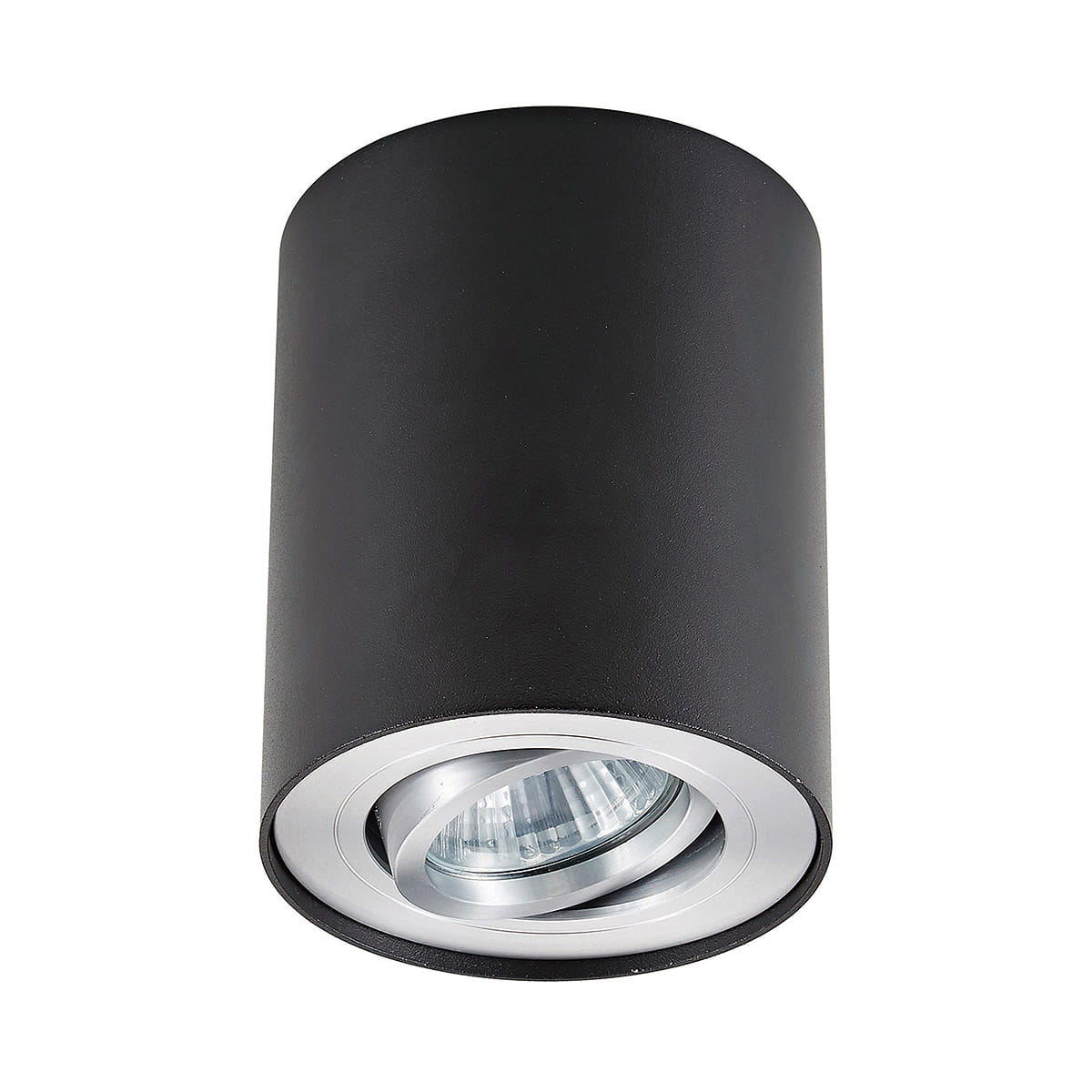 Czarna lampa sufitowa Rondoo 1-punktowa z kierunkowym źródłem światła. Owalny kształt z metaliczną srebrną obręczą wokół reflektora. Ujęcie z dołu, pokazujące detal lampy. Idealna do nowoczesnych wnętrz.