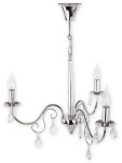 Żyrandol Velio 3-punktowy w kolorze chromu z trzema lampionami w kształcie świec, ozdobiony kryształowymi wisiorami. Produkt zawieszony w górnej części, z eleganckimi, zakrzywionymi ramionami.