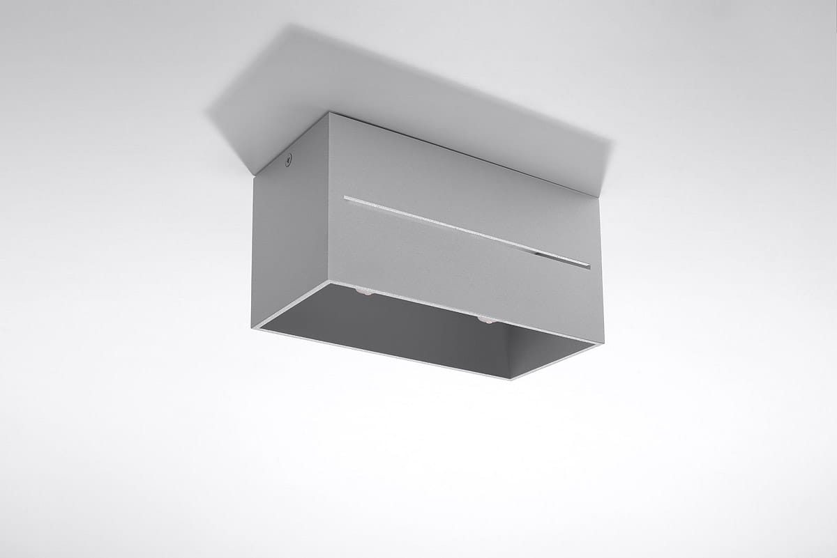 Lampa sufitowa Lobo Maxi 2-punktowa w kolorze szarym, o prostokątnym kształcie z matowej powierzchni. Ujęcie z dołu, montowana na suficie, z widocznymi dwoma źródłami światła i delikatnym rowkiem na froncie. Tło neutralne.